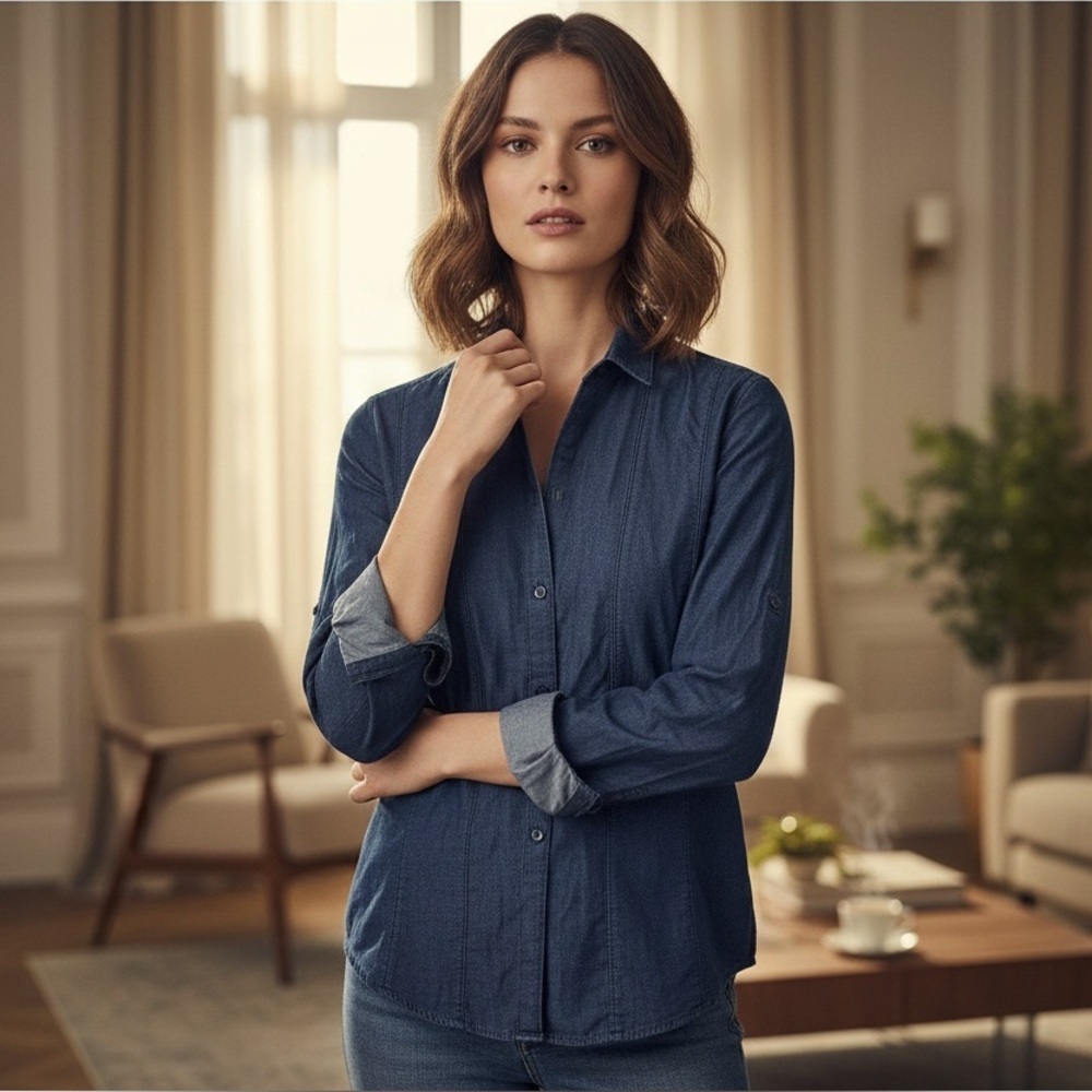 H&M Women’s Chambray Button-Up Shirt | Blue | Lightweight Casual Top